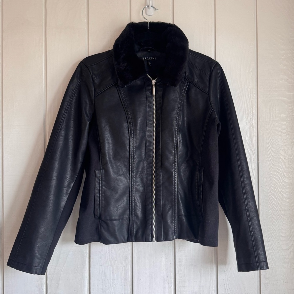 Baccini Black Faux Leather Jacket With Faux Fur Collar